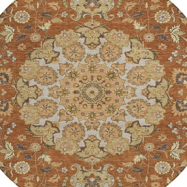 8 Foot Round Damask Washable Polyester Rug for Patios Kitchens and Entryways