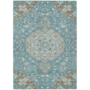 Damask Polyester Area Rug Washable Indoor Outdoor Teal Pewter Pattern for Patio Living Room