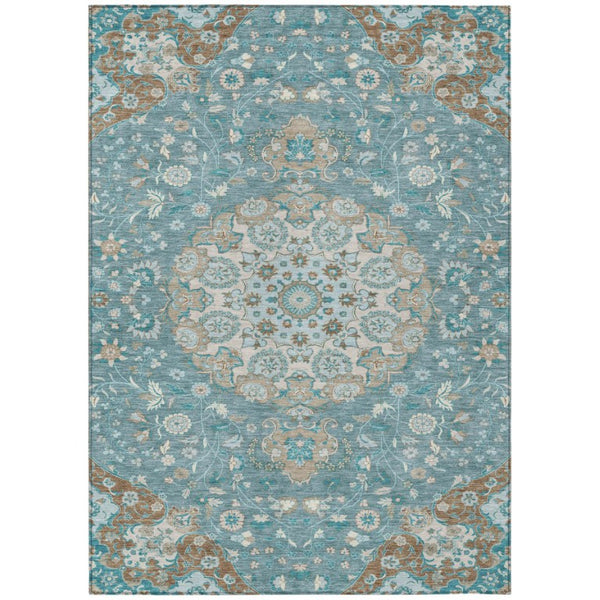 Damask Polyester Area Rug Washable Indoor Outdoor Teal Pewter Pattern for Patio Living Room