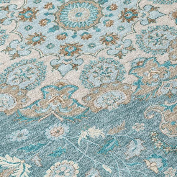 Damask Polyester Area Rug Washable Indoor Outdoor Teal Pewter Pattern for Patio Living Room