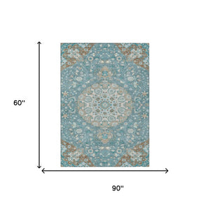 Damask Polyester Area Rug Washable Indoor Outdoor Teal Pewter Pattern for Patio Living Room