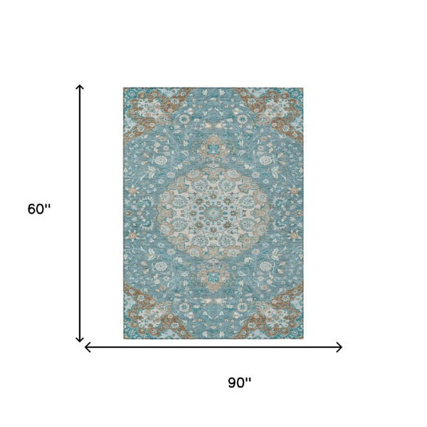 Damask Polyester Area Rug Washable Indoor Outdoor Teal Pewter Pattern for Patio Living Room