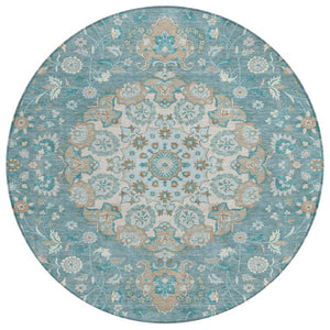 8' Round Damask Polyester Rug Teal Pewter Washable for Patio or Entryway