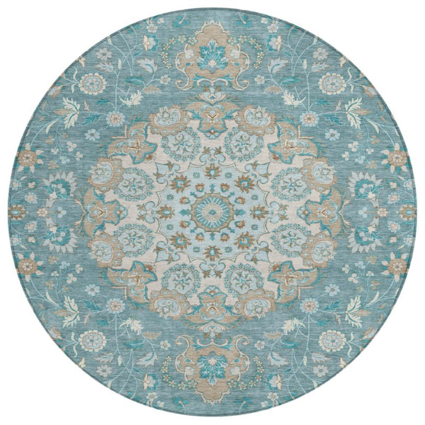8' Round Damask Polyester Rug Teal Pewter Washable for Patio or Entryway
