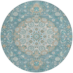 HomeRoots 8' Round Damask Polyester Rug Teal Pewter Washable for Patio or Entryway 733213