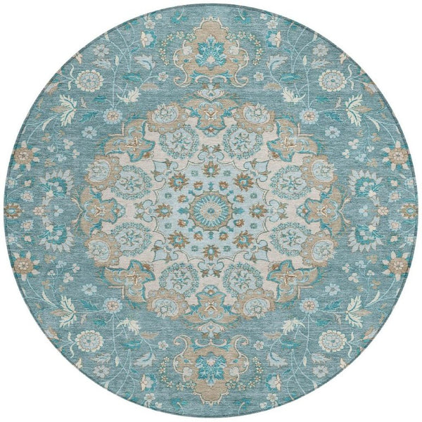 HomeRoots 8' Round Damask Polyester Rug Teal Pewter Washable for Patio or Entryway 733213
