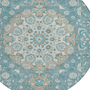 8' Round Damask Polyester Rug Teal Pewter Washable for Patio or Entryway