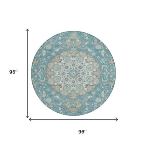 8' Round Damask Polyester Rug Teal Pewter Washable for Patio or Entryway