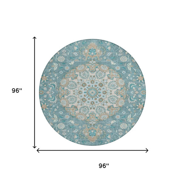 8' Round Damask Polyester Rug Teal Pewter Washable for Patio or Entryway