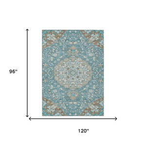 Damask Polyester Area Rug Washable Indoor Outdoor Teal Pewter Pattern for Patio Living Room