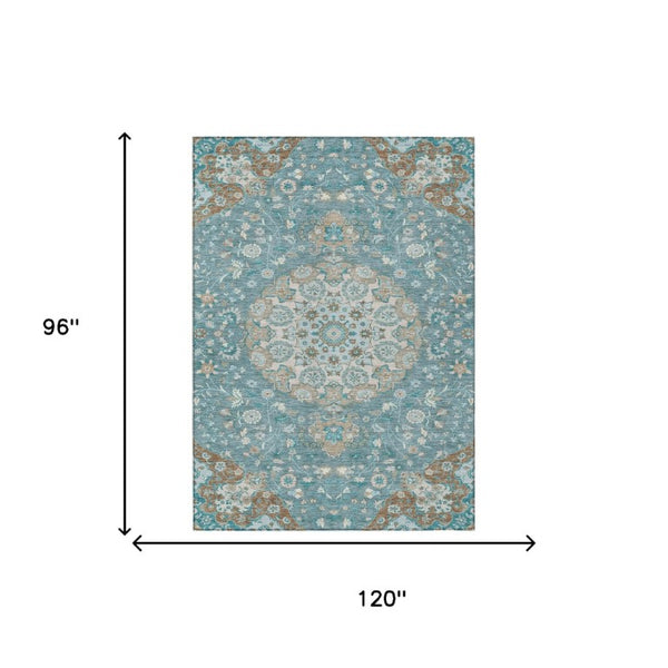 Damask Polyester Area Rug Washable Indoor Outdoor Teal Pewter Pattern for Patio Living Room