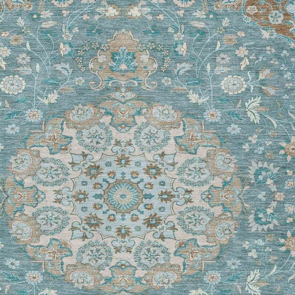 Damask Polyester Area Rug Washable Indoor Outdoor Teal Pewter Pattern for Patio Living Room