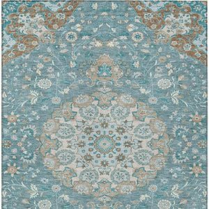 Damask Polyester Area Rug Washable Indoor Outdoor Teal Pewter Pattern for Patio Living Room