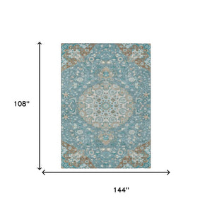 Damask Polyester Area Rug Washable Indoor Outdoor Teal Pewter Pattern for Patio Living Room