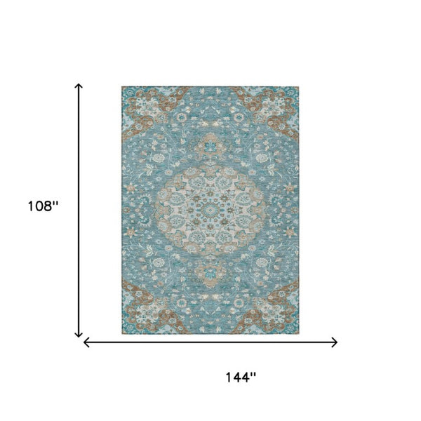 Damask Polyester Area Rug Washable Indoor Outdoor Teal Pewter Pattern for Patio Living Room