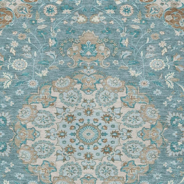 Damask Polyester Area Rug Washable Indoor Outdoor Teal Pewter Pattern for Patio Living Room