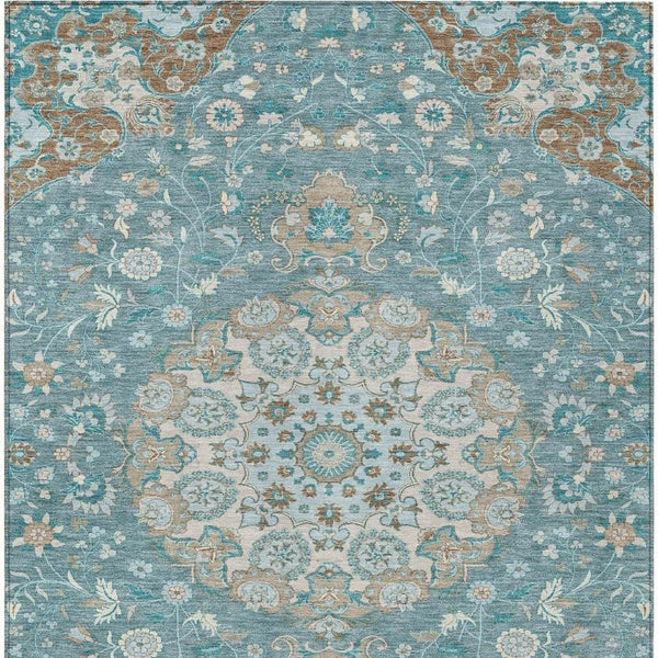 Damask Polyester Area Rug Washable Indoor Outdoor Teal Pewter Pattern for Patio Living Room