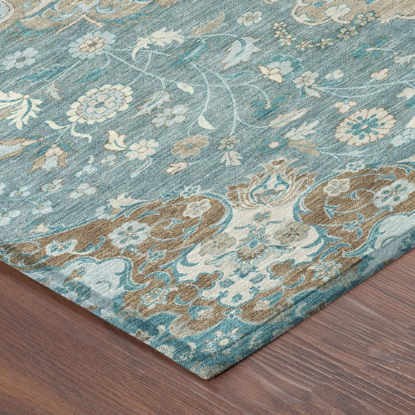 Damask Polyester Area Rug Washable Indoor Outdoor Teal Pewter Pattern for Patio Living Room
