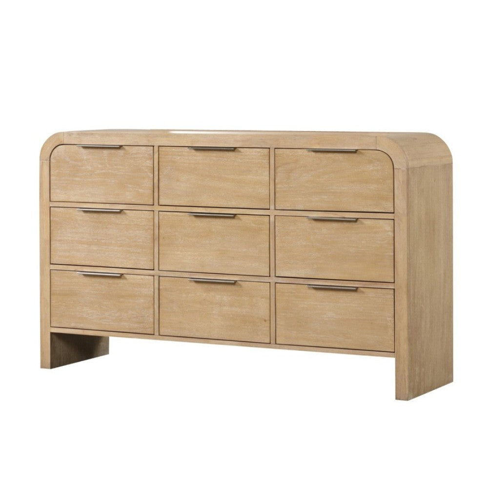 English Elm Contemporary Rustic Tone 1pc Dresser with Felt-Lined Top Drawers, Ball-Bearing Glides, Black Pulls, Bedroom Chic Natural 67 L x 22 W x 42 H B2741P406802