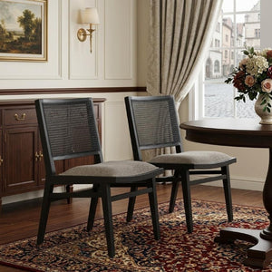 Set of Two Beige Fabric Dining Chairs with Solid Wood Legs and Open Back Design