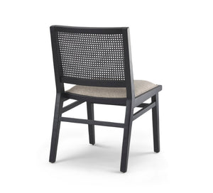 Set of Two Beige Fabric Dining Chairs with Solid Wood Legs and Open Back Design