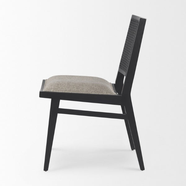 Set of Two Beige Fabric Dining Chairs with Solid Wood Legs and Open Back Design