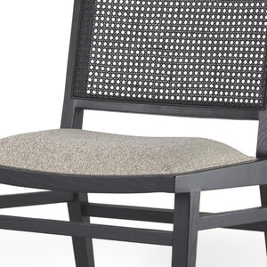 Set of Two Beige Fabric Dining Chairs with Solid Wood Legs and Open Back Design
