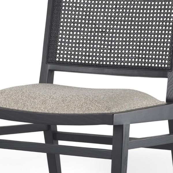 Set of Two Beige Fabric Dining Chairs with Solid Wood Legs and Open Back Design