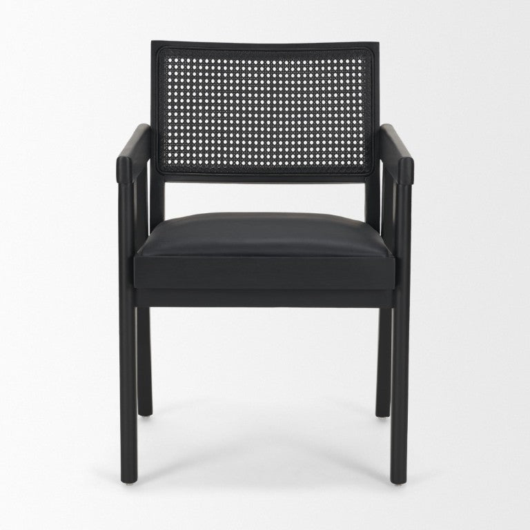 HomeRoots Black Leather Solid Wood Arm Chair with Open Back Design for Modern Dining Rooms 733262