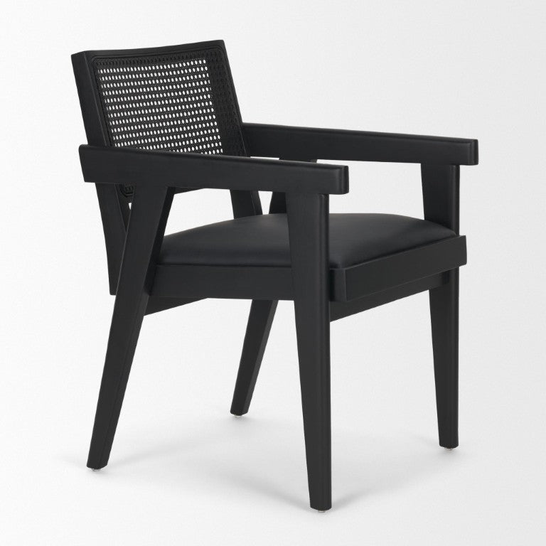 HomeRoots Black Leather Solid Wood Arm Chair with Open Back Design for Modern Dining Rooms 733262