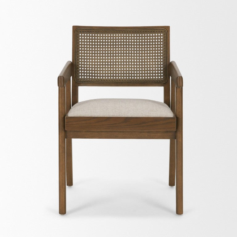 HomeRoots Cream Upholstered Solid Wood Arm Chair with Open Back Design for Dining Rooms 733263