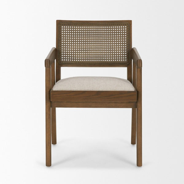 Cream Upholstered Solid Wood Arm Chair with Open Back Design for Dining Rooms