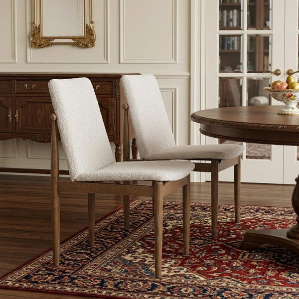 Set of Two Boucle Upholstered Dining Chairs with Solid Wood Legs for Modern