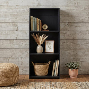 47 Inch Black Wooden Three Shelf Bookcase for Living Room Office Storage Display