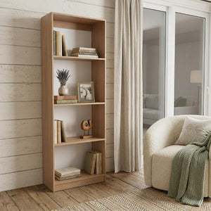 71 Inch Tall Natural Wood Four Shelf Bookcase for Living Room or Home Office