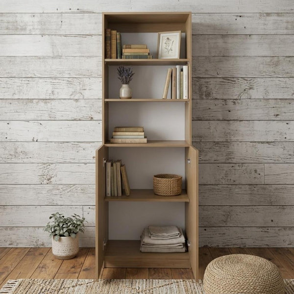 71 Inch Natural Wood Three Shelf Bookcase for Living Room or Home Office Storage