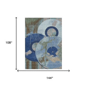 9 X 12 Blue Navy Geometric Polyester Washable Indoor Outdoor Area Rug