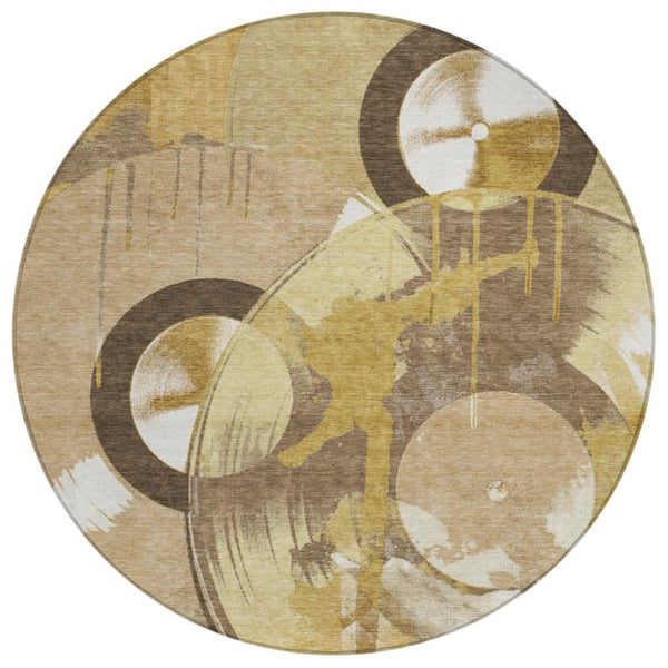 8 Ft Round Geometric Polyester Area Rug in Gold Washable for Indoor Outdoor Use