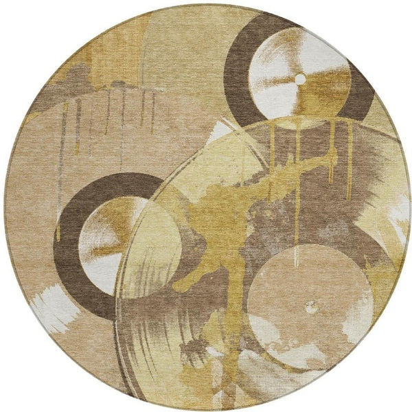 8 Ft Round Geometric Polyester Area Rug in Gold Washable for Indoor Outdoor Use