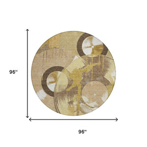 8 Ft Round Geometric Polyester Area Rug in Gold Washable for Indoor Outdoor Use