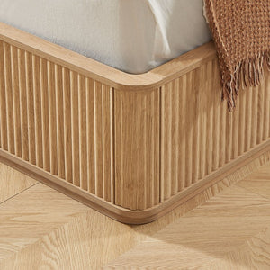 English Elm Natural Fluted Wood Platform Bed Minimalist Queen Frame with Tall Curved Headboard Oak W5219S00002