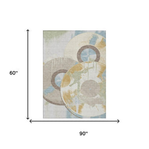 5 X 8 Ivory Beige Geometric Polyester Washable Area Rug for Patio or Living Room