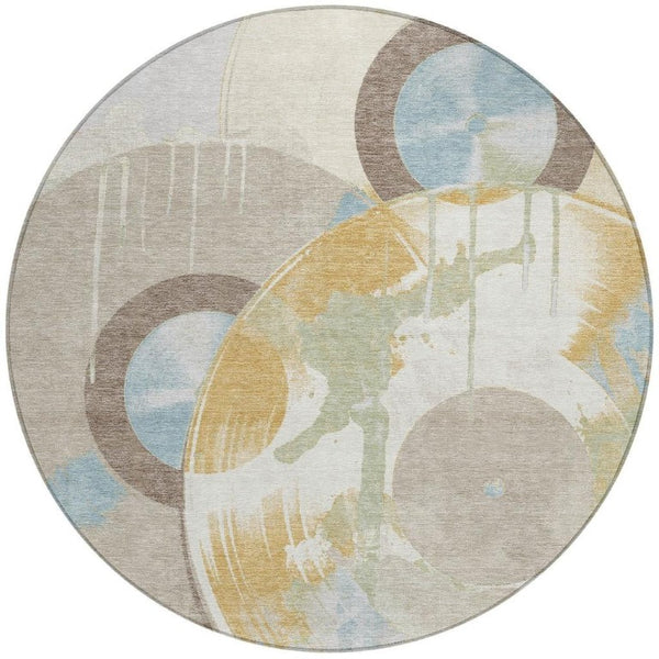 8 Foot Round Geometric Polyester Rug Washable Indoor Outdoor Ivory Neutral Decor