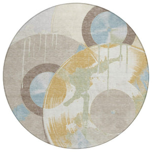 HomeRoots 8 Foot Round Geometric Polyester Rug Washable Indoor Outdoor Ivory Neutral Decor 733335