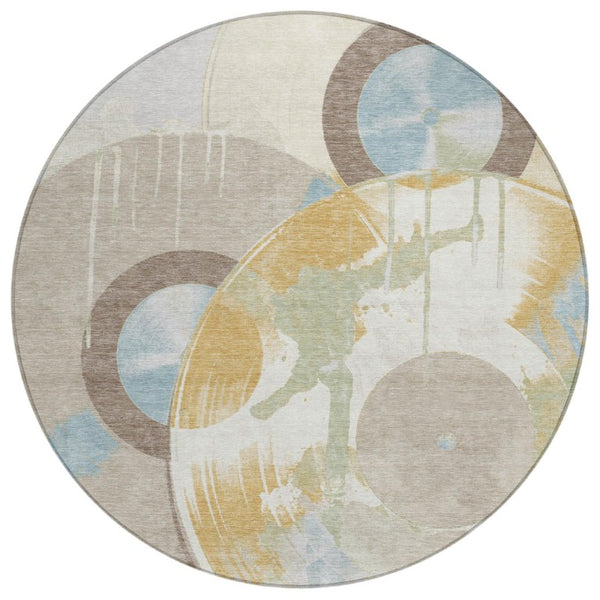 HomeRoots 8 Foot Round Geometric Polyester Rug Washable Indoor Outdoor Ivory Neutral Decor 733335
