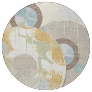 8 Foot Round Geometric Polyester Rug Washable Indoor Outdoor Ivory Neutral Decor