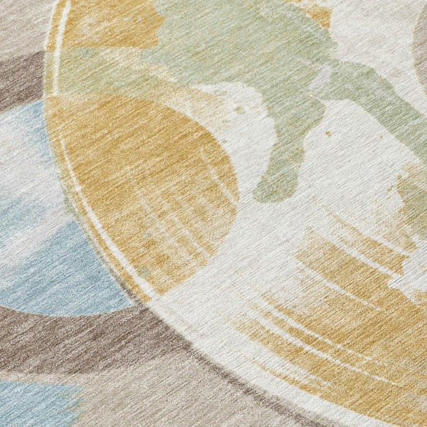 8 Foot Round Geometric Polyester Rug Washable Indoor Outdoor Ivory Neutral Decor