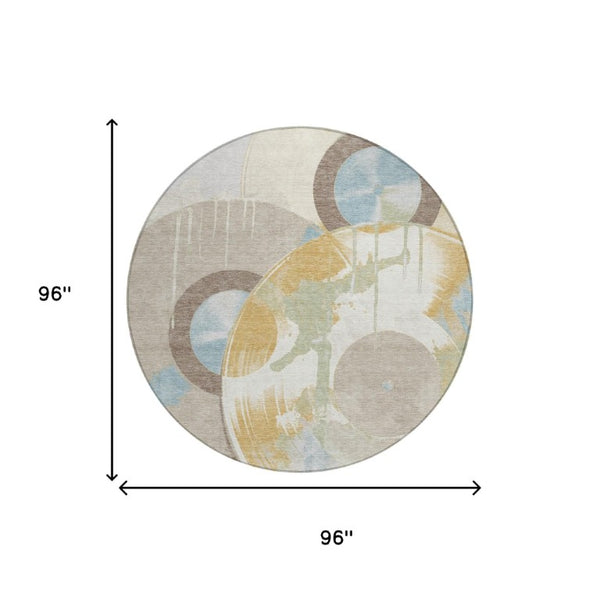 8 Foot Round Geometric Polyester Rug Washable Indoor Outdoor Ivory Neutral Decor