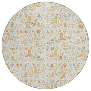 8 Foot Round Ivory Star Pattern Washable Polyester Rug for Indoor Outdoor Spaces