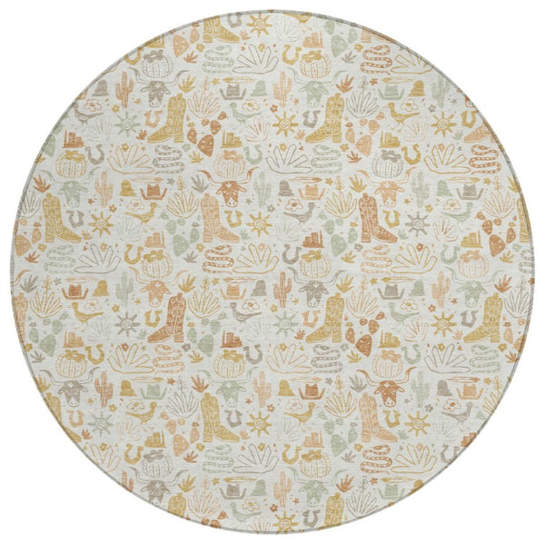 8 Foot Round Ivory Star Pattern Washable Polyester Rug for Indoor Outdoor Spaces
